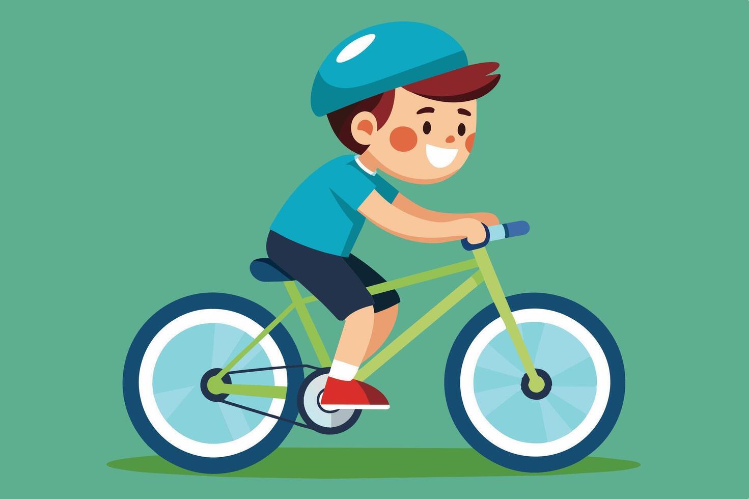 Young child joyfully riding a green bicycle while wearing a safety helmet against a bright teal background vector