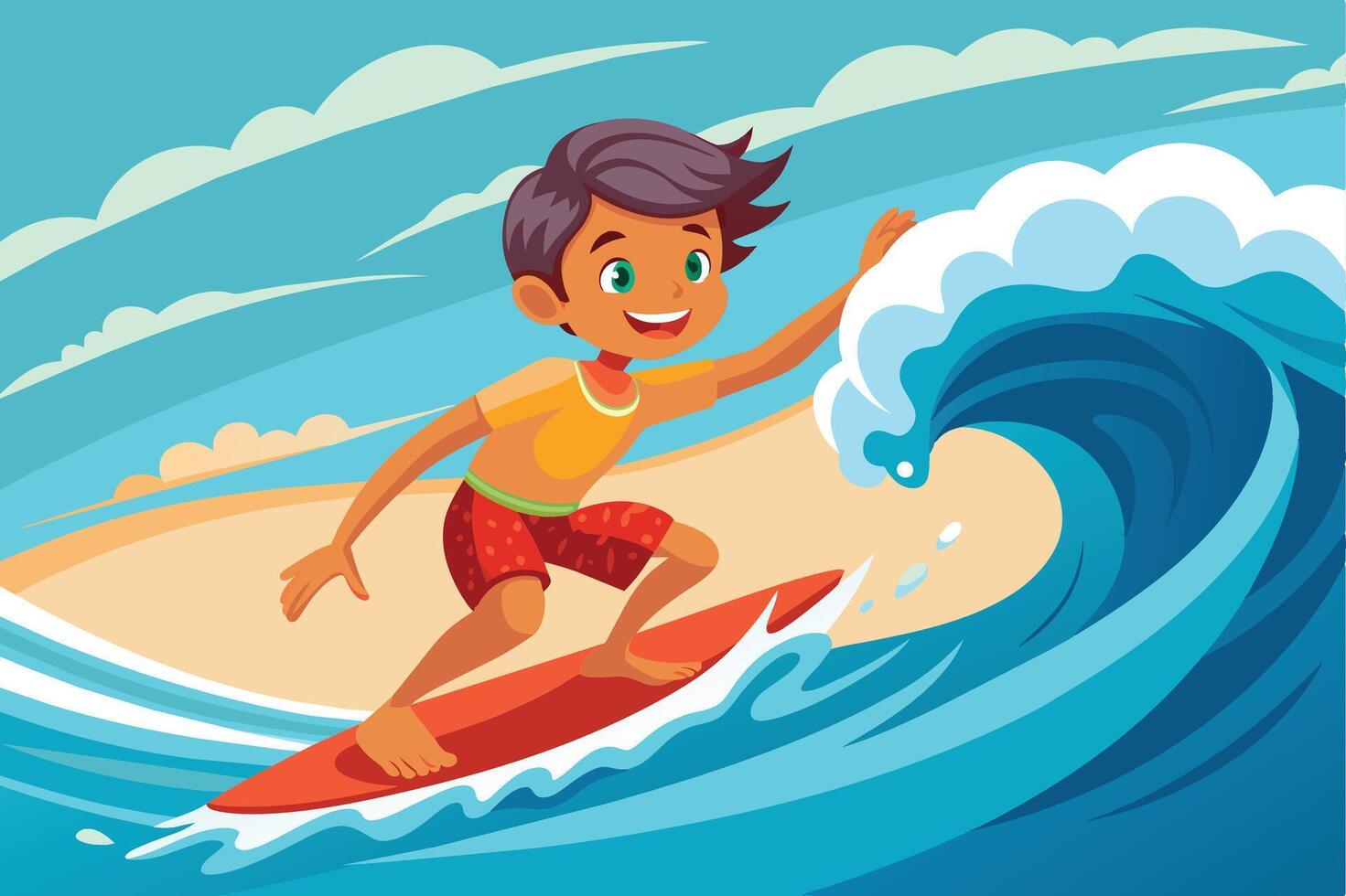A young boy surfing a vibrant wave on a sunny beach during summer, showcasing his skills and joy in the ocean vector