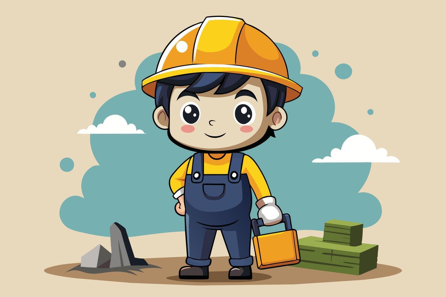 A cheerful child construction worker in a hard hat poses confidently on a building site surrounded by rocks and green blocks vector