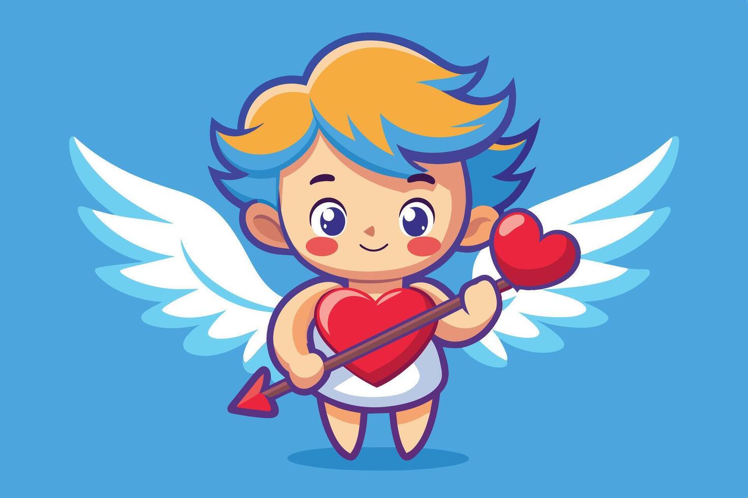 A cute cartoon cupid character with wings holds a heart-shaped arrow against a bright blue background vector