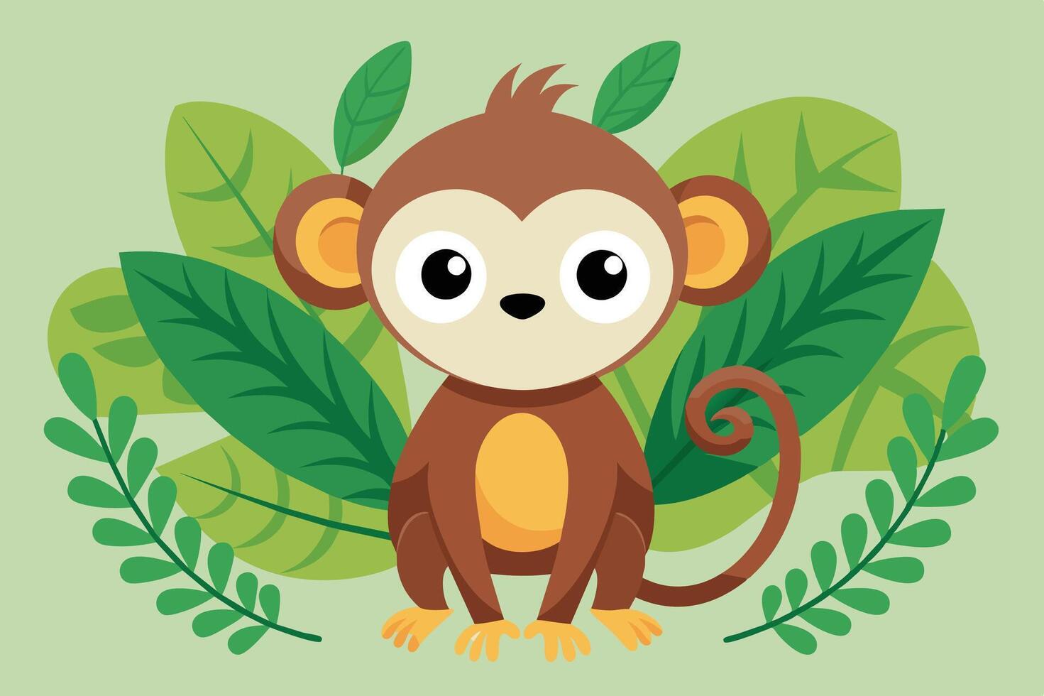 A cute cartoon monkey sitting among lush green leaves in a playful jungle setting surrounded by vibrant foliage vector