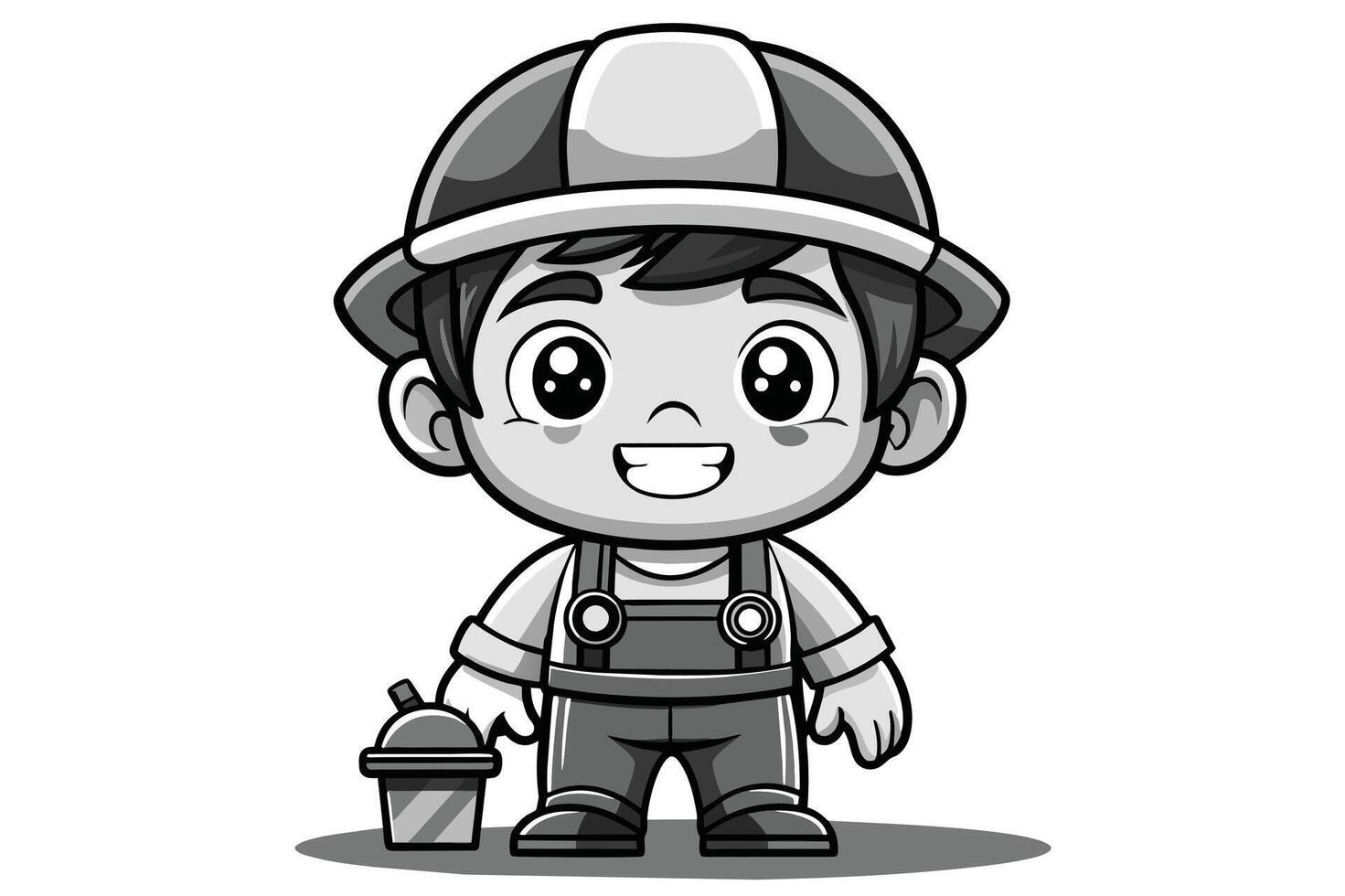 A cheerful young construction worker smiles while holding a drink, dressed in safety gear, blending playfulness with hard work in a cartoon style vector