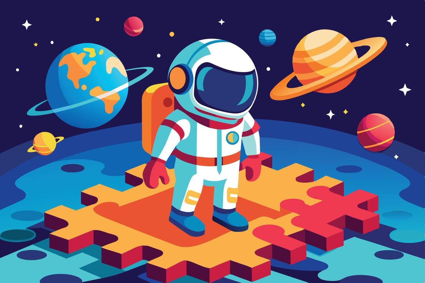 A colorful astronaut explores outer space surrounded by planets and Earth while standing on a puzzle piece in a vibrant cosmic setting vector
