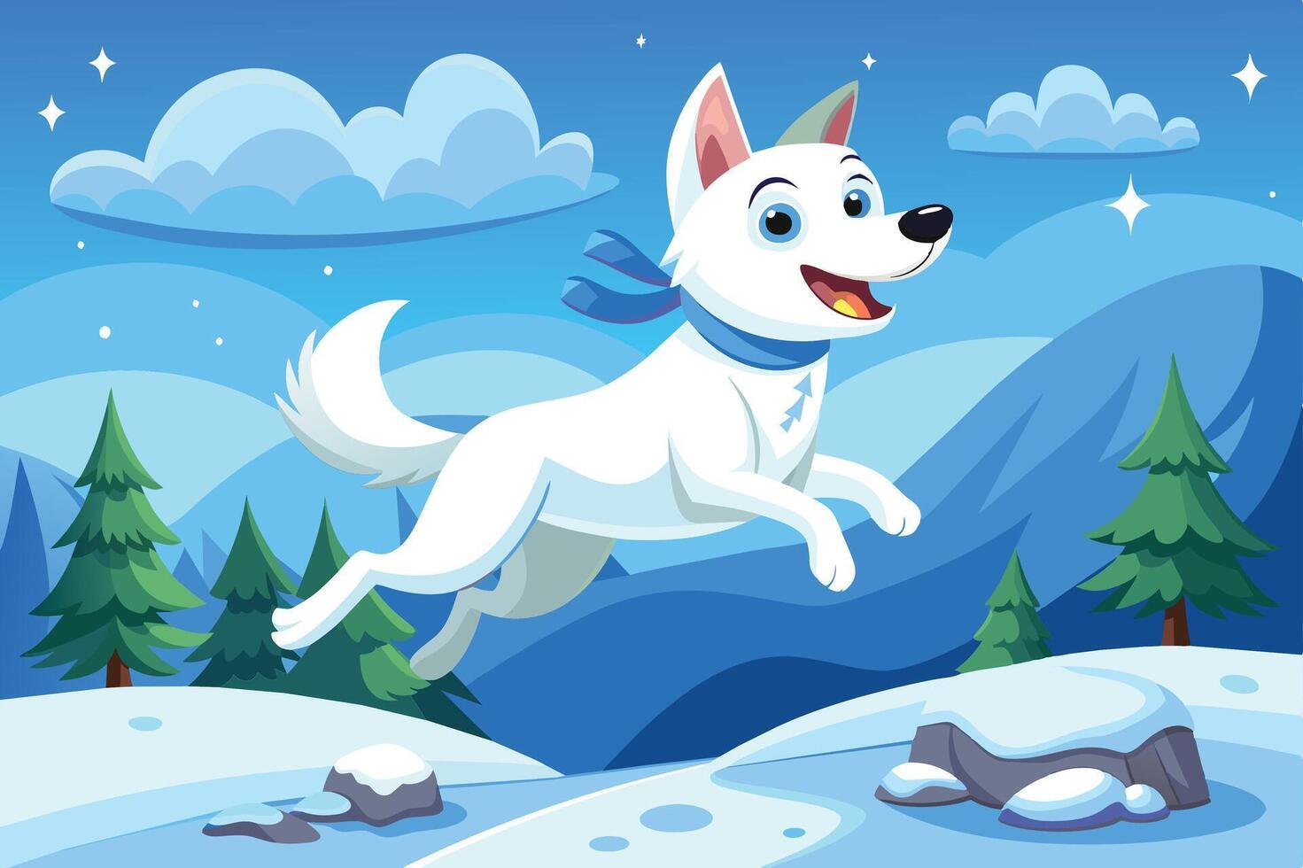 A playful white dog leaps joyfully through a snowy landscape with mountains and pine trees under a bright blue sky vector