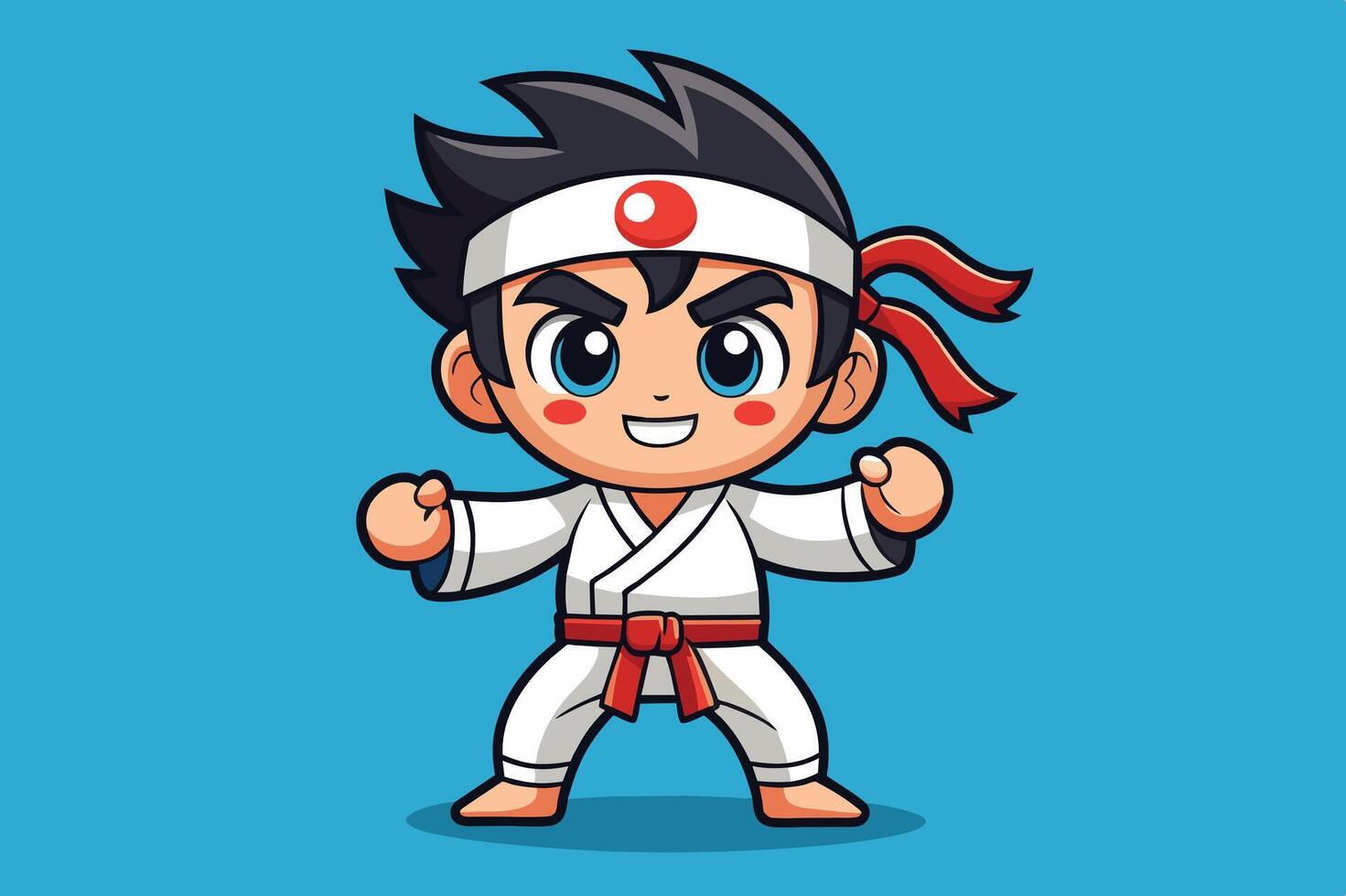 A young martial artist in a traditional white gi practices karate with enthusiasm, showcasing skillful poses on a vibrant blue background vector