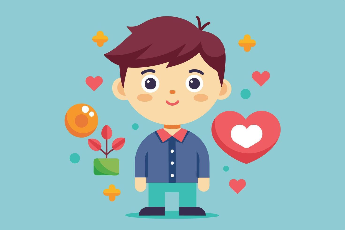 Cheerful illustration of a boy surrounded by hearts and plants, expressing joy and positivity in a simple, colorful design vector