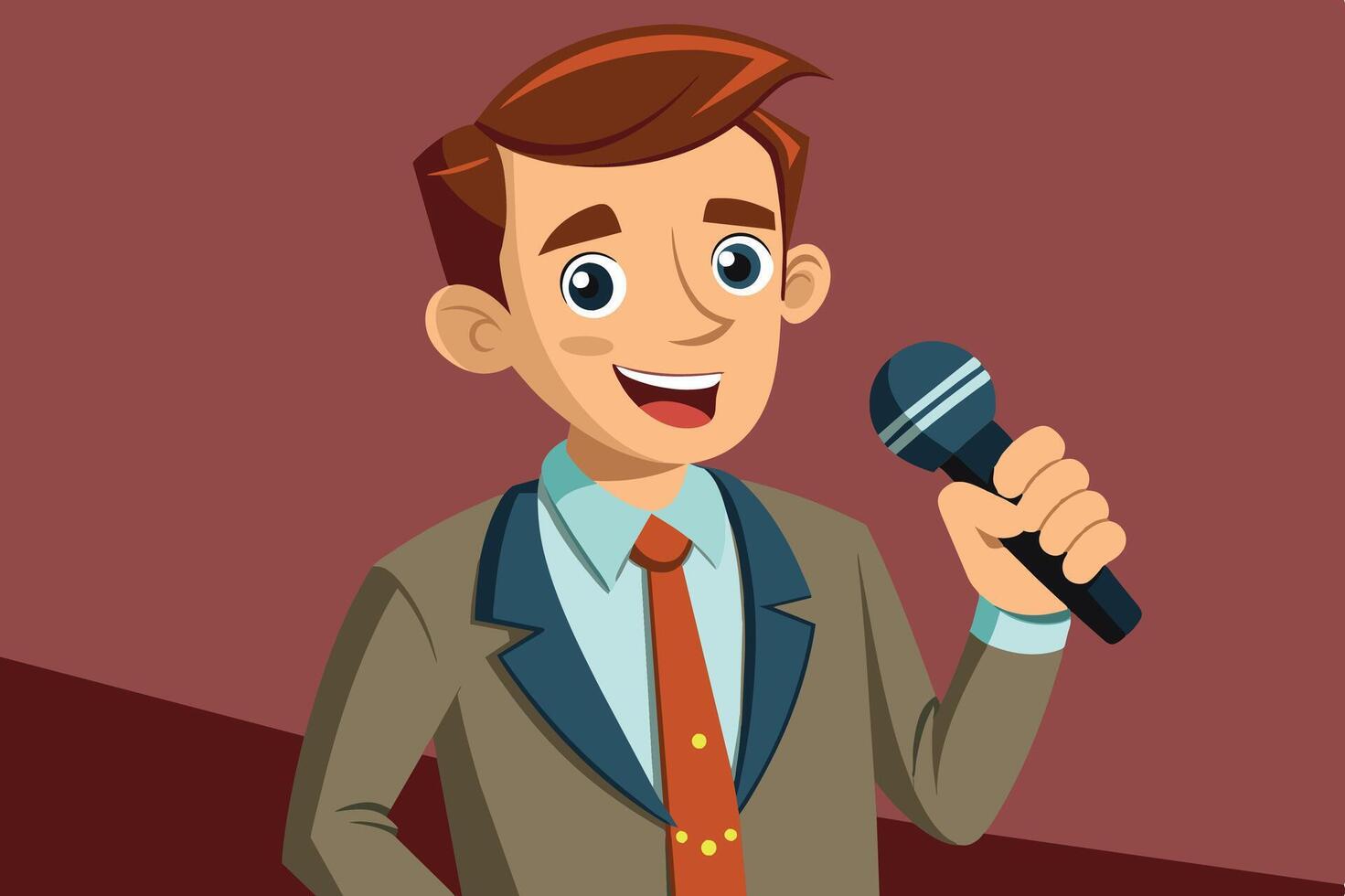 A cheerful presenter enjoys speaking to the audience while holding a microphone during a lively event in a bright venue vector