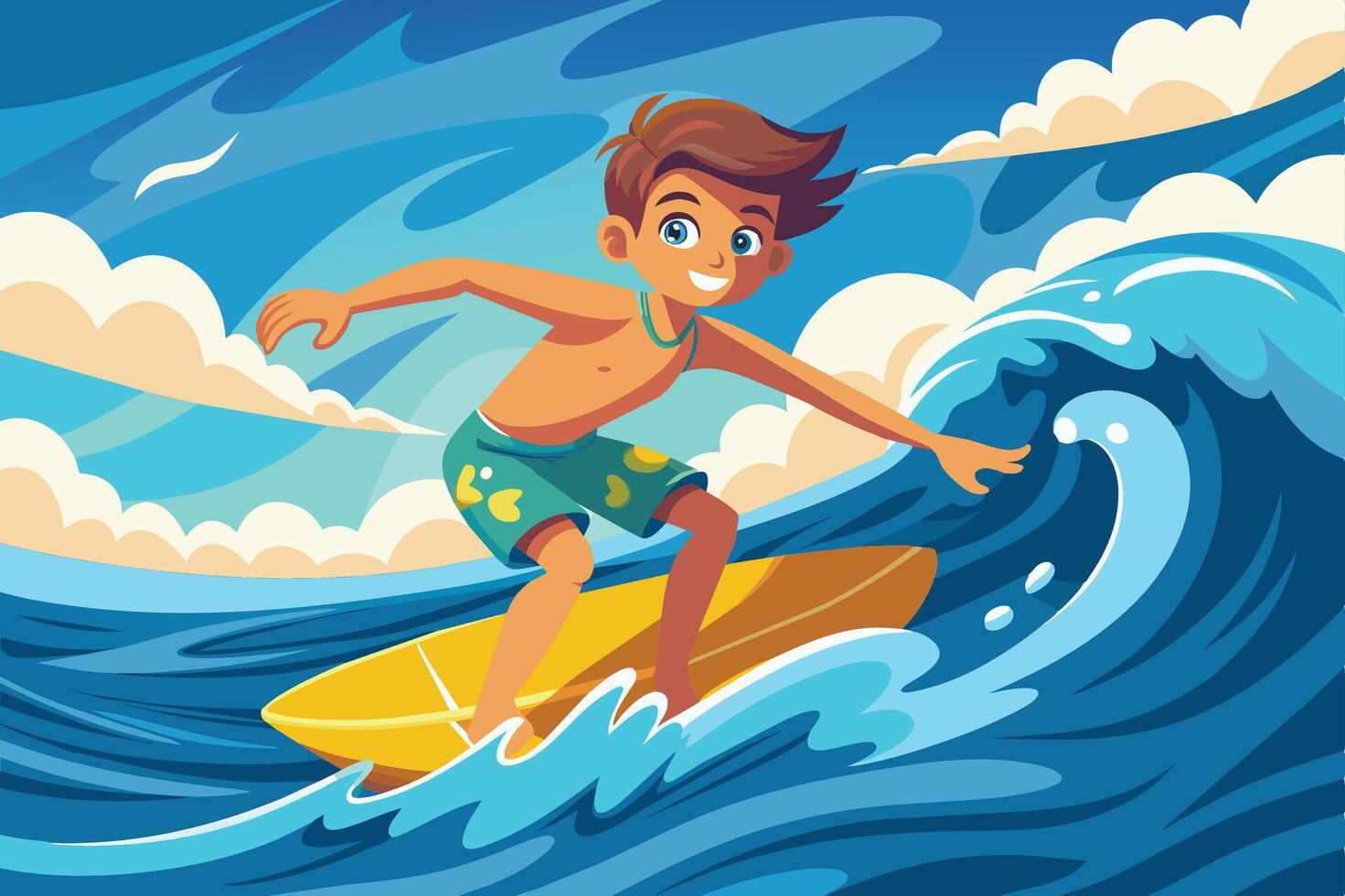 A young boy skillfully surfing on a bright yellow board amidst energetic ocean waves under a clear sky during a sunny afternoon vector