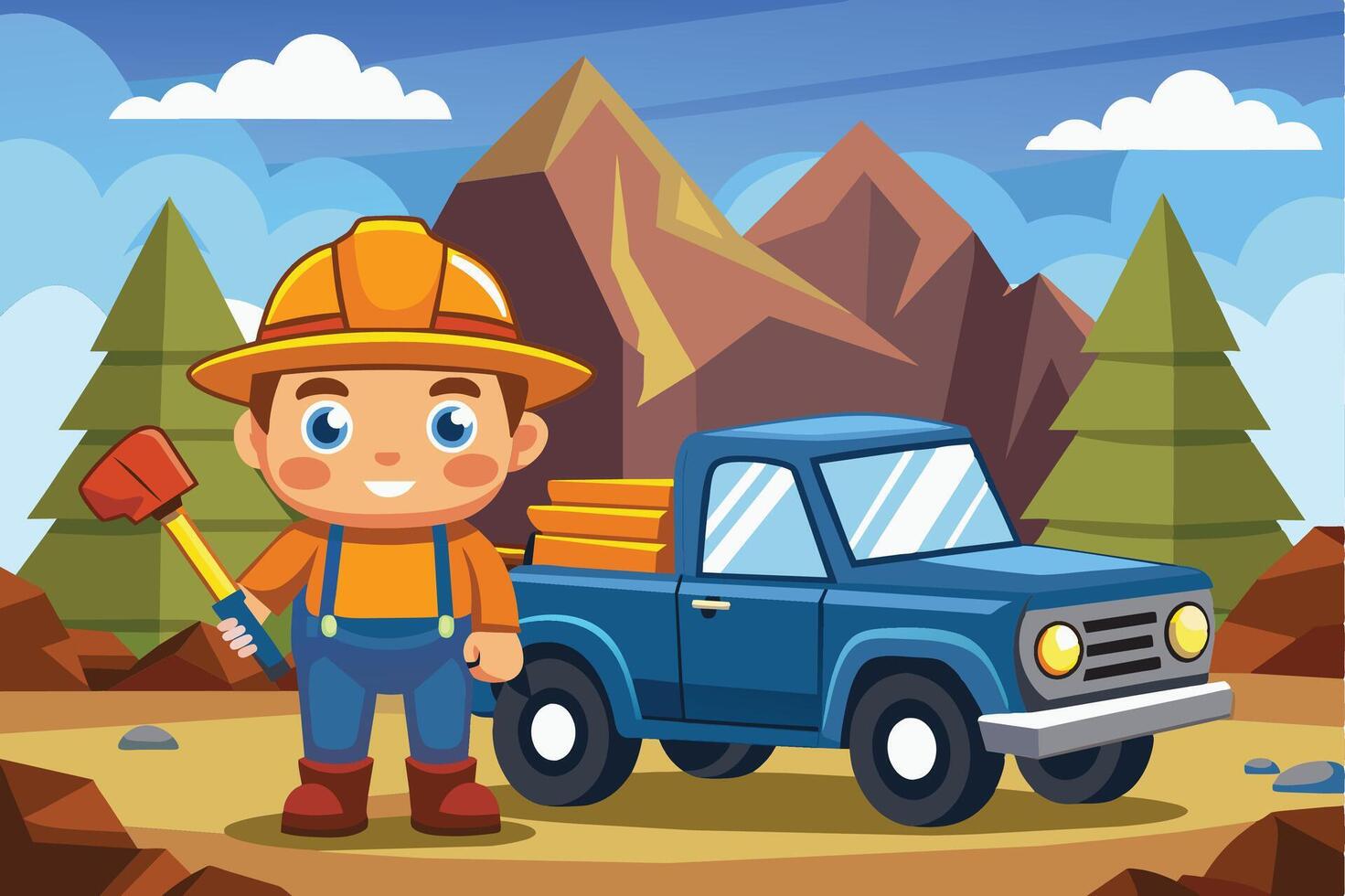 A cheerful young worker stands beside a blue truck in a mountainous forest during a sunny day vector