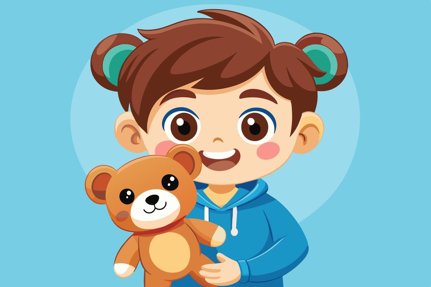 A cheerful child in a blue hoodie holds a cute teddy bear while smiling against a light blue background vector