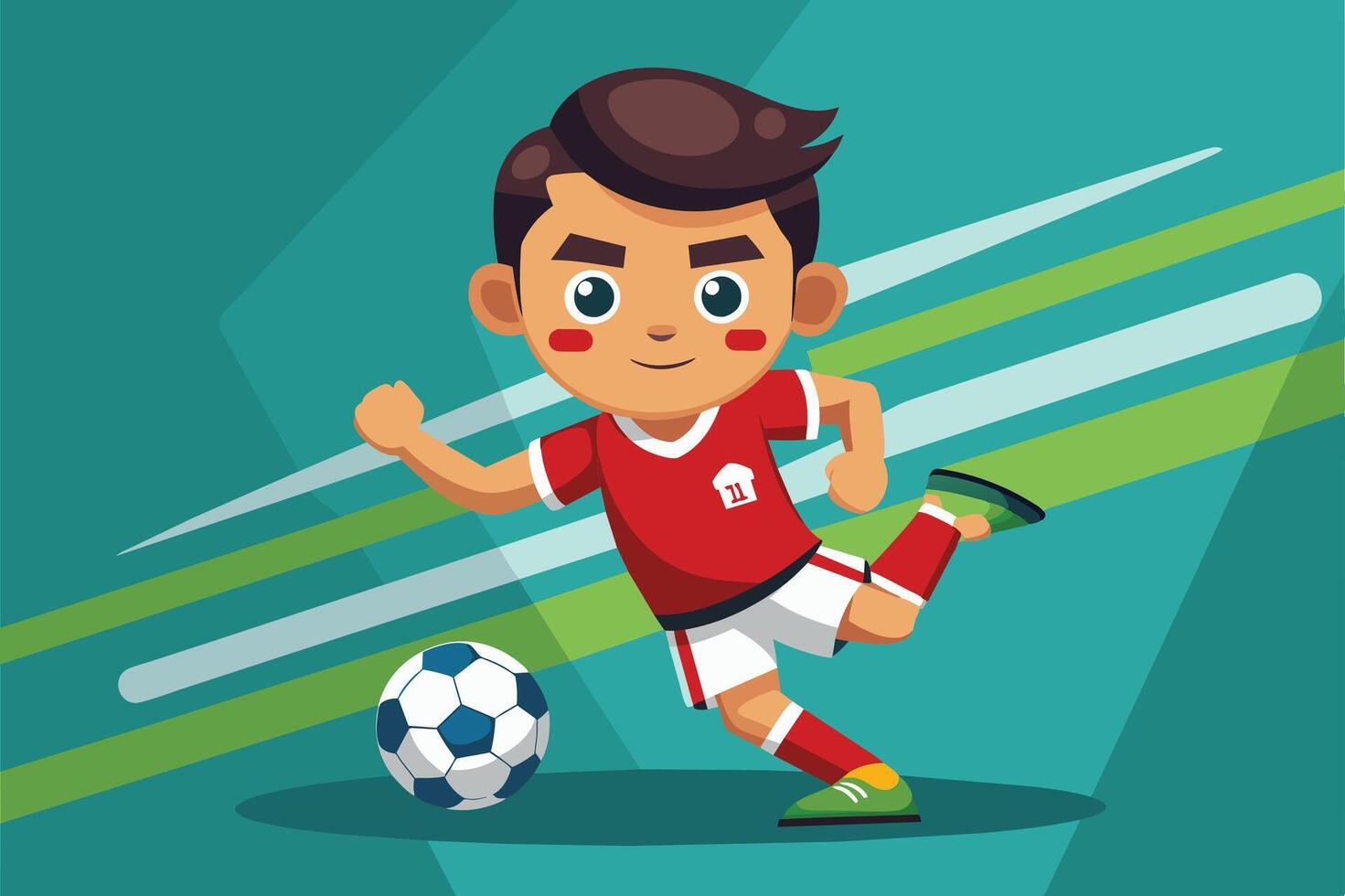 Young boy kicking a soccer ball on a vibrant background during a playful match in early afternoon light vector