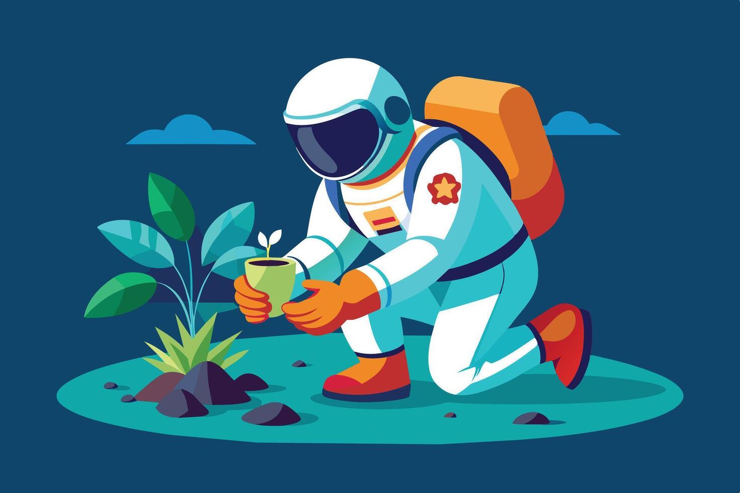 An astronaut kneels to plant a young sapling on a distant planet under a clear blue sky during a mission focused on environmental restoration vector