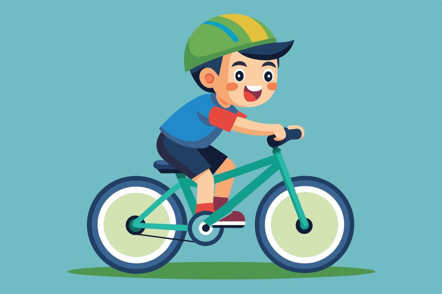 A young boy joyfully riding a bicycle with a colorful helmet on a clear day, showcasing his excitement for outdoor activities vector