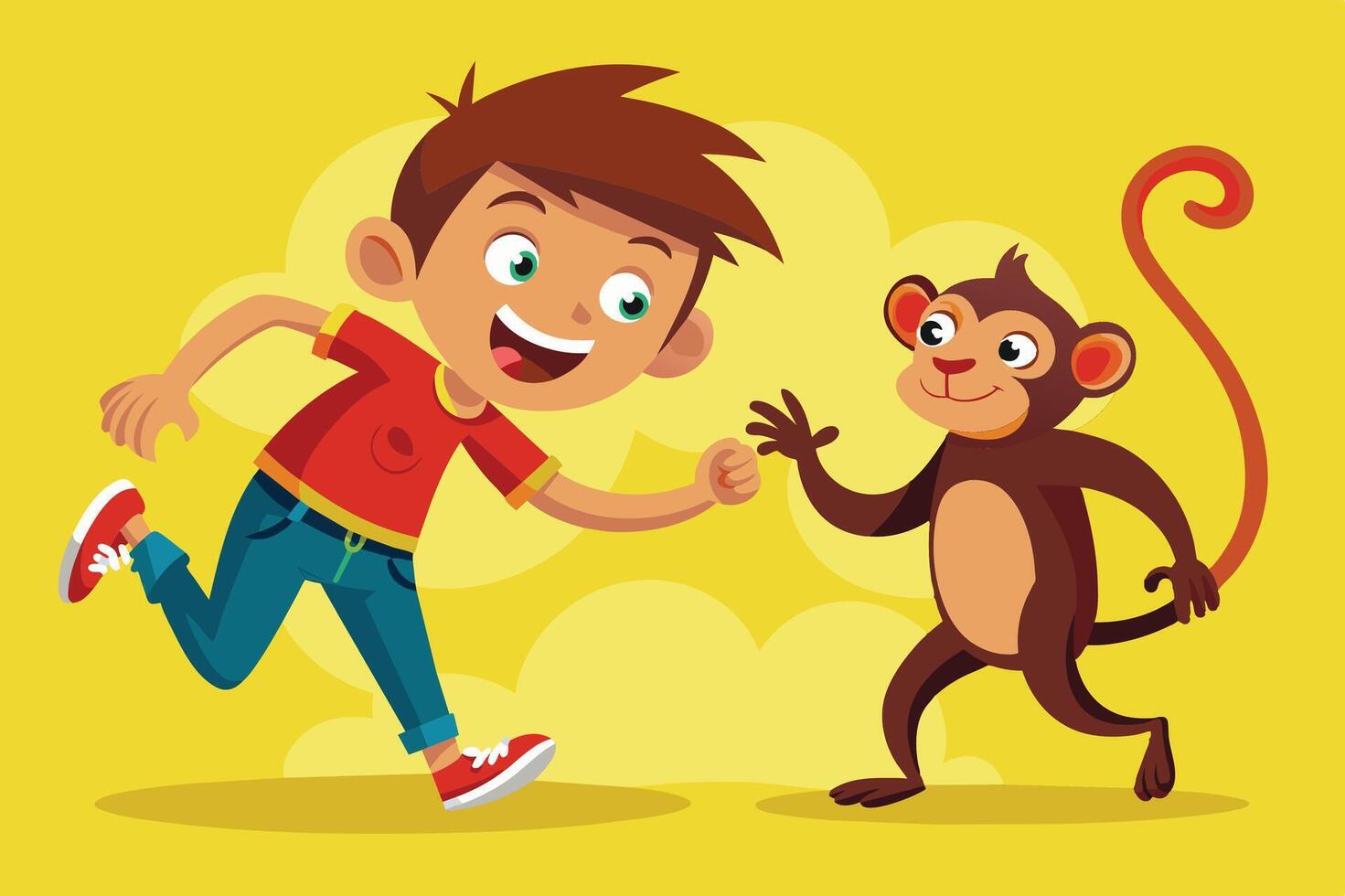 A young boy happily running alongside a friendly monkey in a vibrant yellow background during a playful afternoon vector
