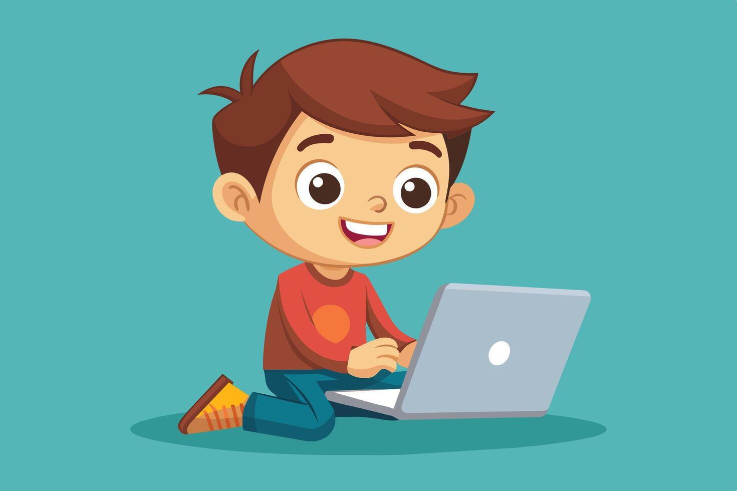 A young boy happily using a laptop while sitting on the floor in a cozy room, showcasing a moment of learning or playtime vector
