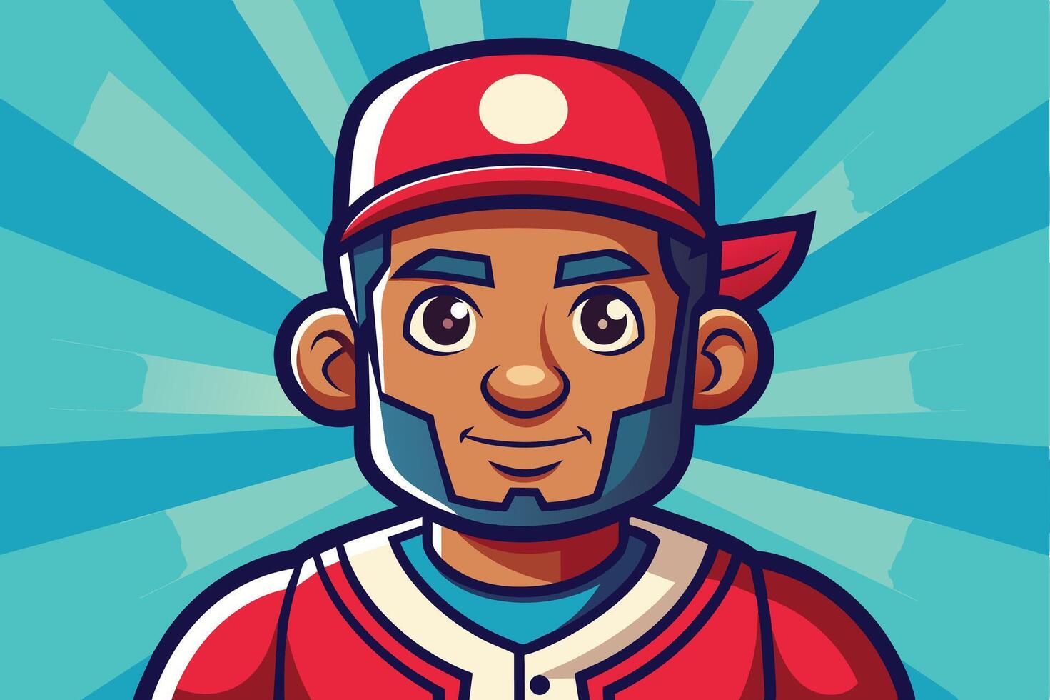 Cartoon baseball player in a red cap and jersey poses against a vibrant blue background, capturing the spirit of the game vector