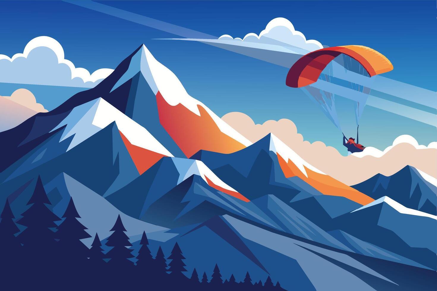 A solo paraglider glides over majestic mountains at sunset with vibrant colors illuminating the scenic landscape vector