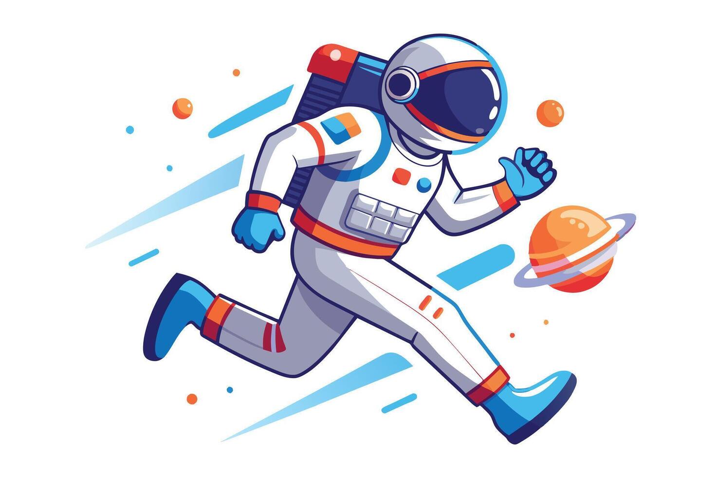 An astronaut runs through space, showcasing a vibrant cosmic background with planets and stars during a hypothetical interstellar adventure vector