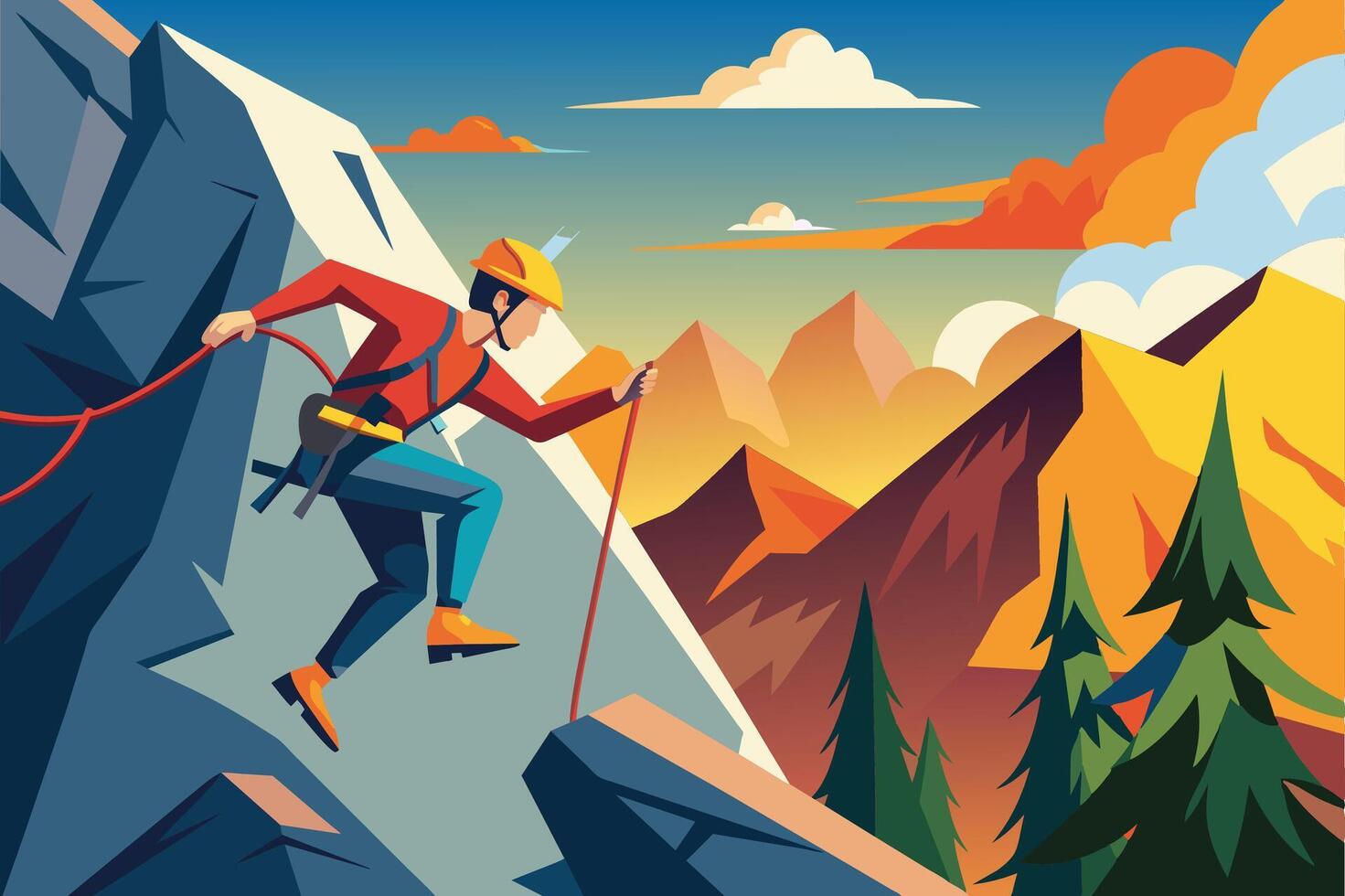 A climber ascends a rocky mountain with vibrant peaks under a sunset sky, showcasing outdoor adventure and breathtaking landscapes in the foreground vector
