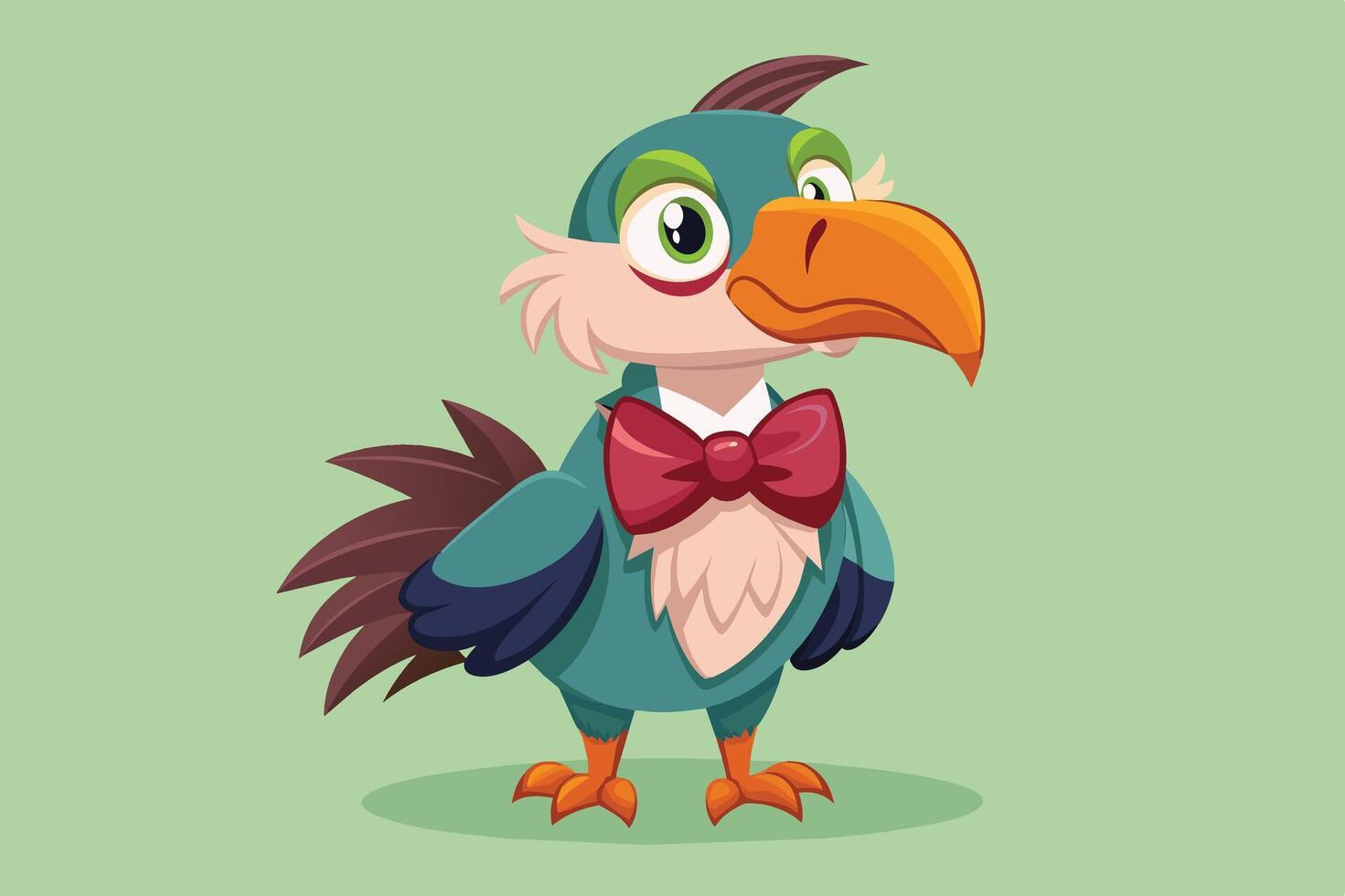 A colorful animated bird character wearing a bow tie stands confidently against a simple green background vector