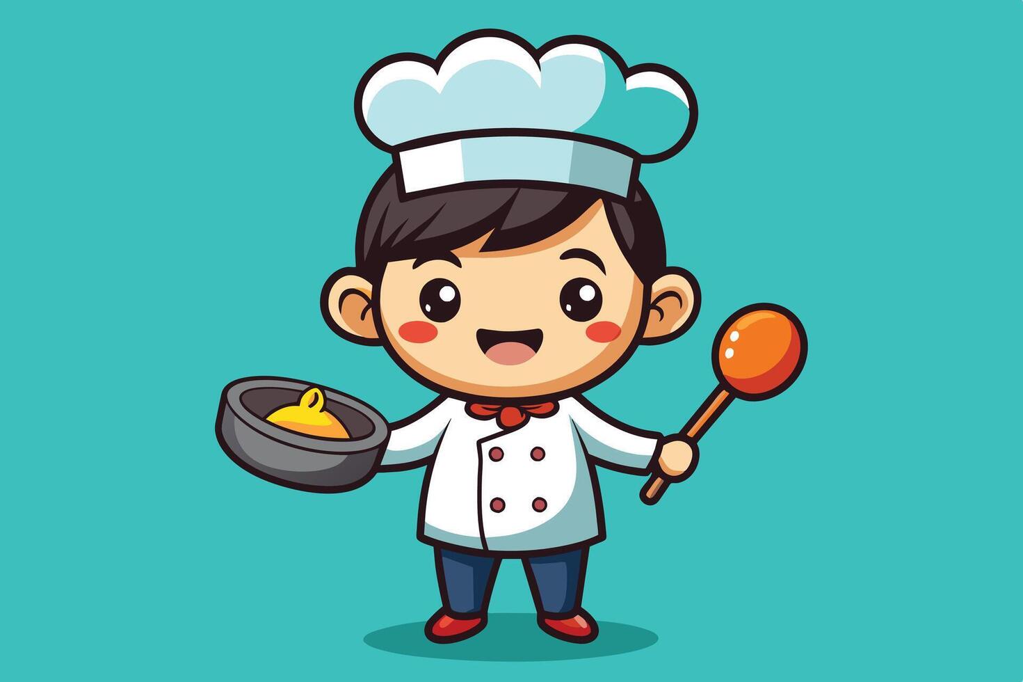 Cheerful cartoon chef in a white uniform holding a ladle and pot on a bright turquoise background, showcasing culinary joy and creativity vector
