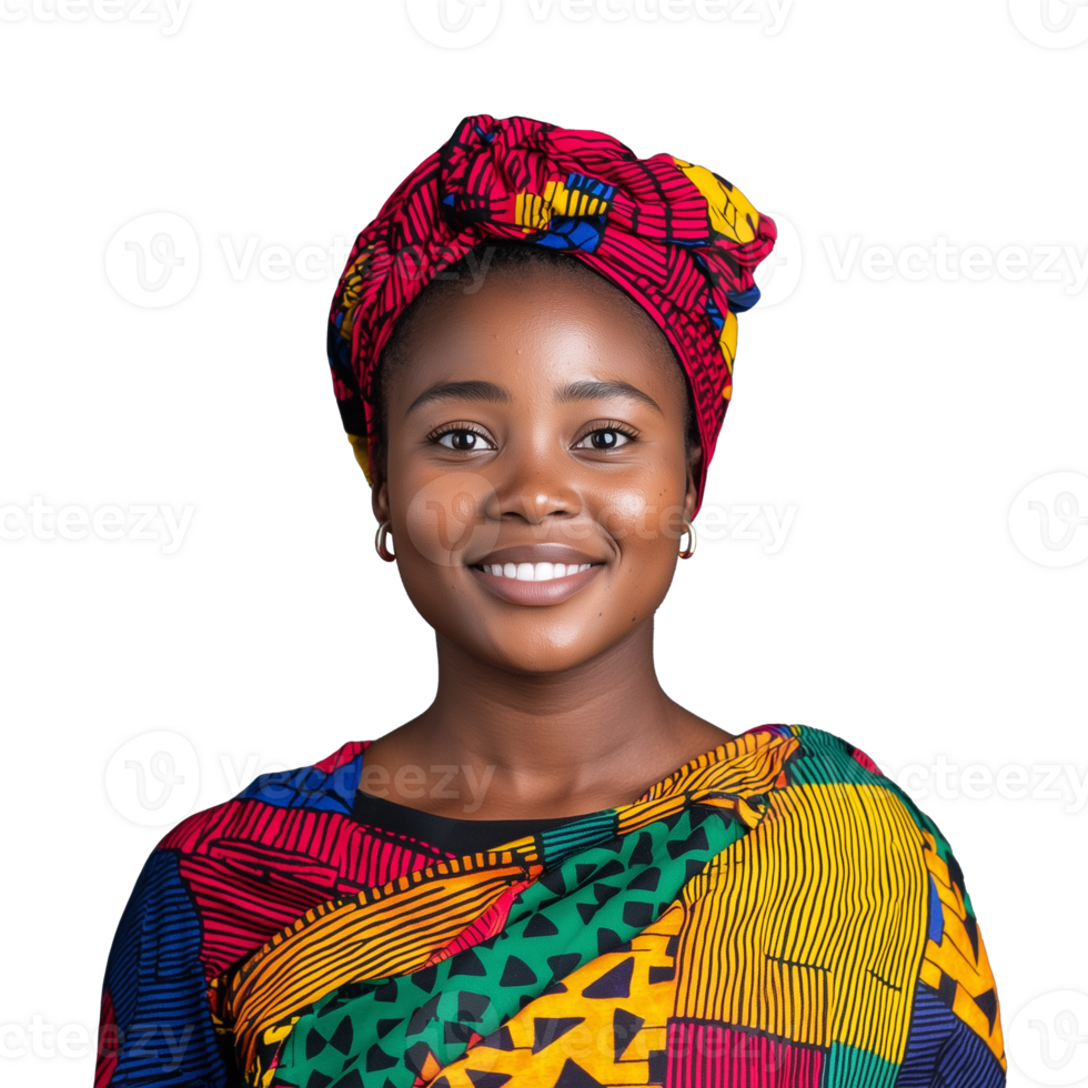 Smiling Woman in Colorful Headwrap with Bright Expression png