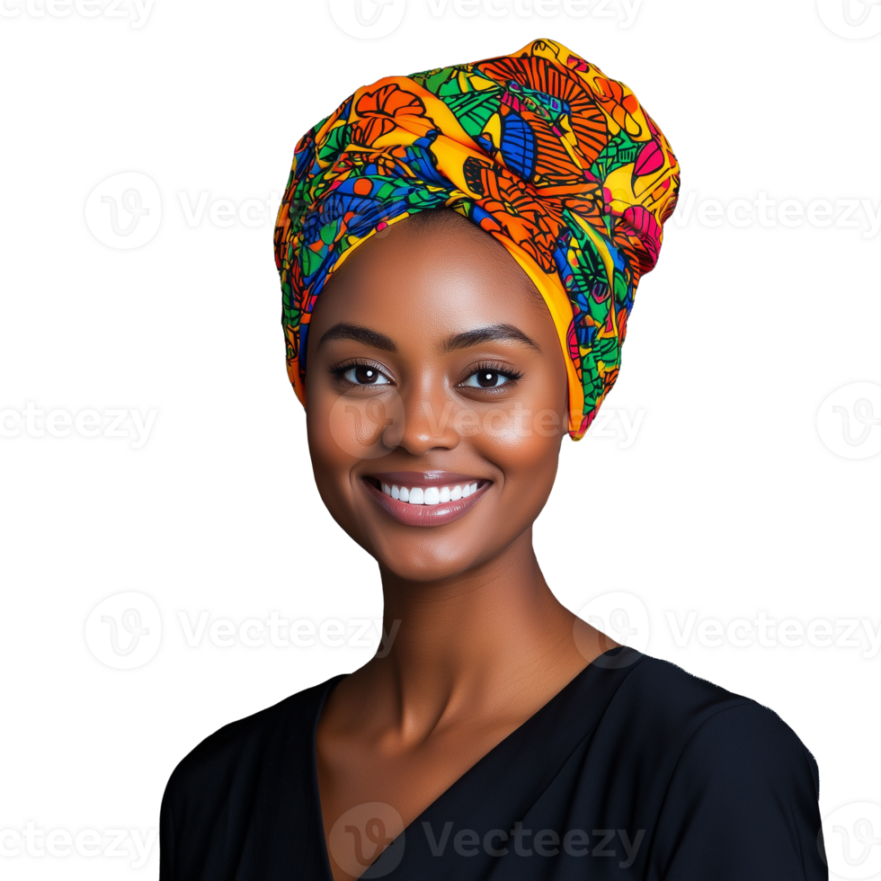 Portrait of Smiling Woman Wearing Colorful Headwrap on Transparent Background png