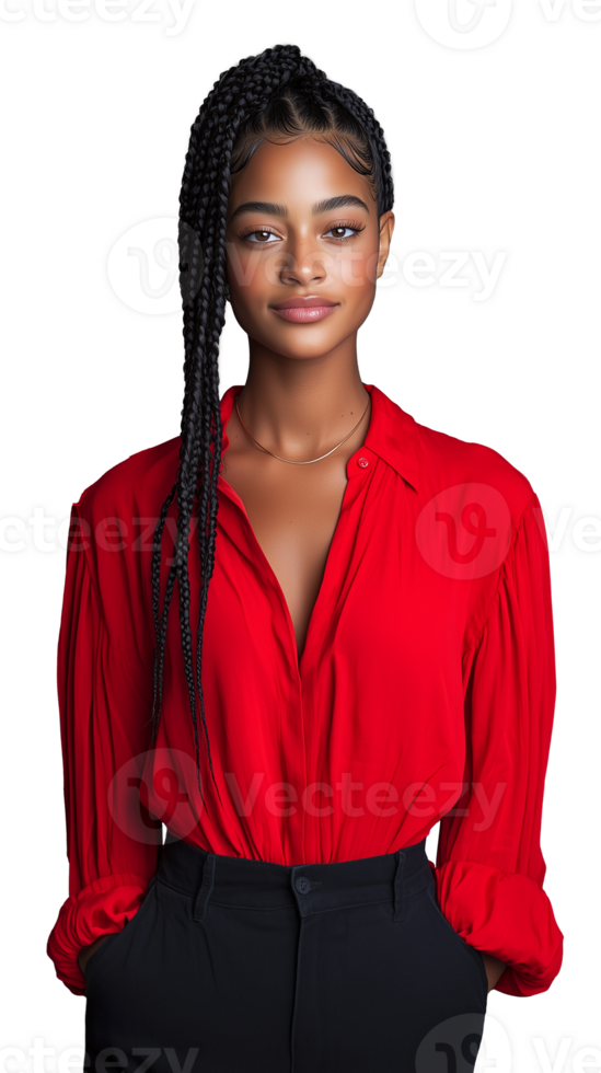 Confident Woman in Red Blouse with Braided Hair png