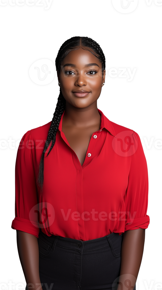 Confident Woman in Red Blouse with Braided Hair png
