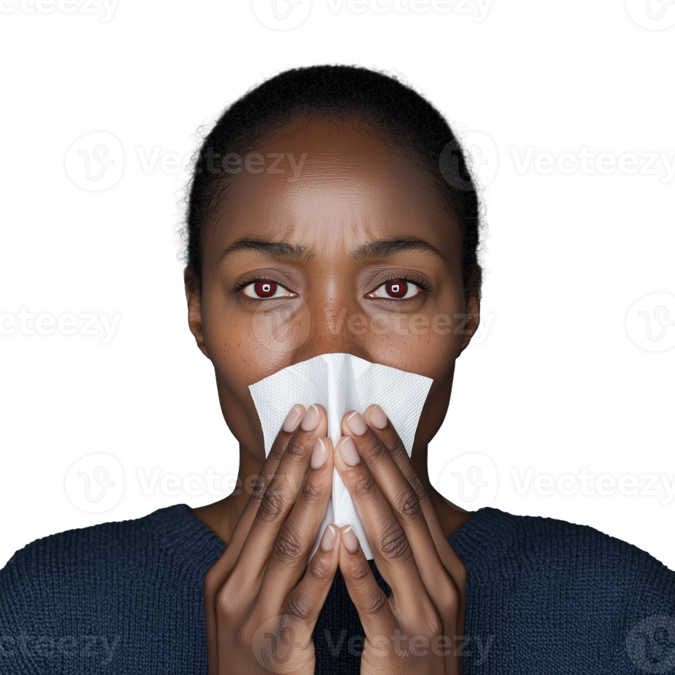 Woman Holding Tissue with Red Eyes and Concerned Expression png