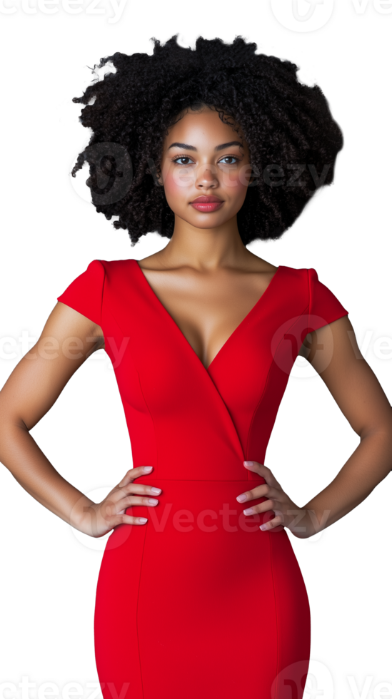 Confident Woman in Elegant Red Dress with Curls png