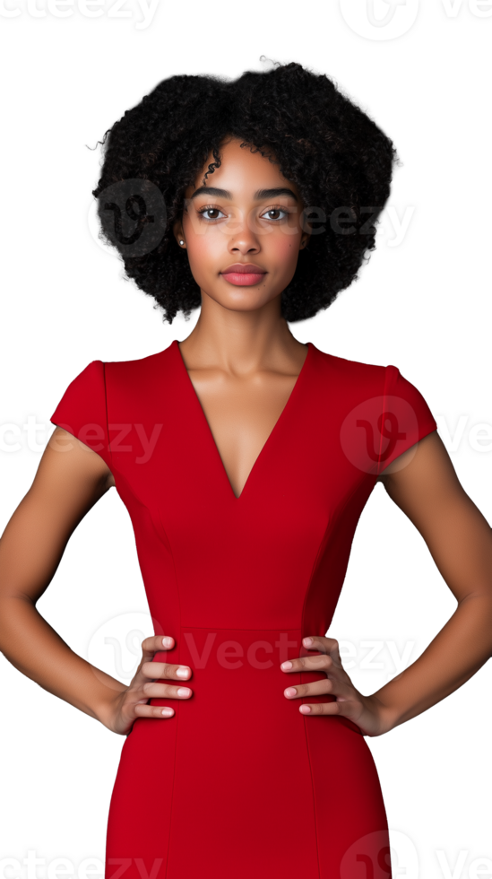 Confident Woman in Red Dress with Curly Hair png