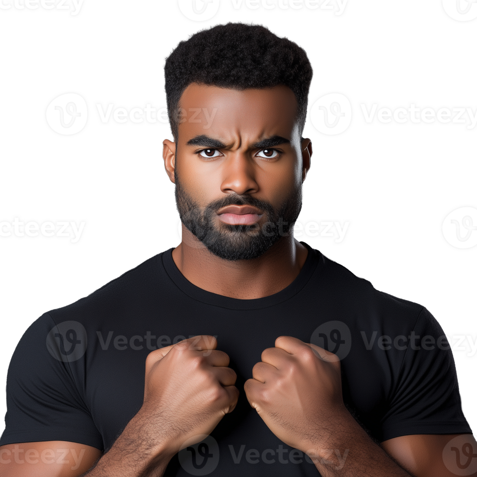 Determined Man Clenches Fists in Focused Expression png