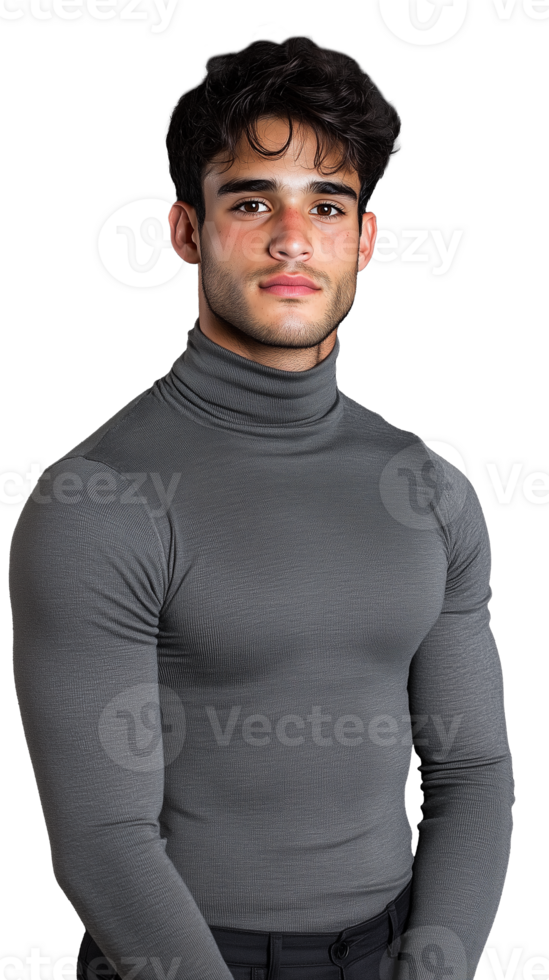 Young Man in Gray Turtleneck with Confident Expression png