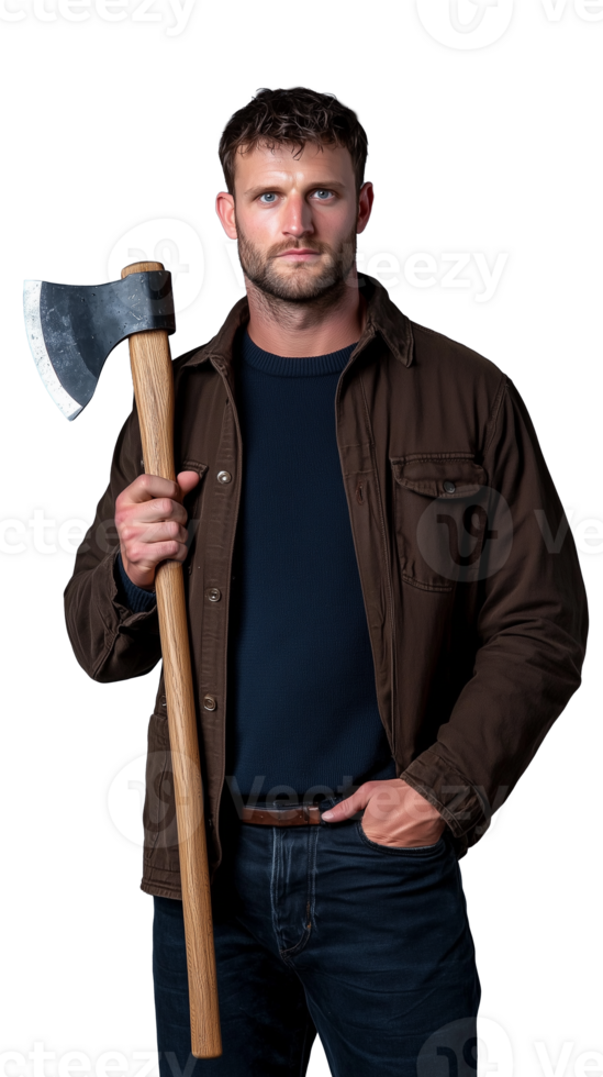Man Holding Axe with Confident Expression on Transparent Background png
