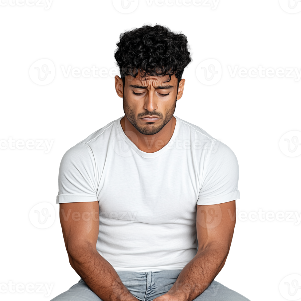Young Man Sitting with Downcast Expression on Face png