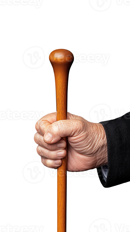 Elderly Hand Firmly Gripping Wooden Walking Cane Handle png