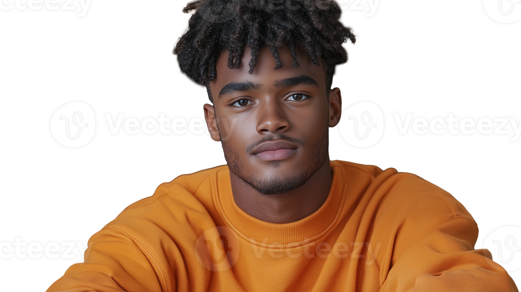 Young Man in Orange Sweater with Thoughtful Expression png