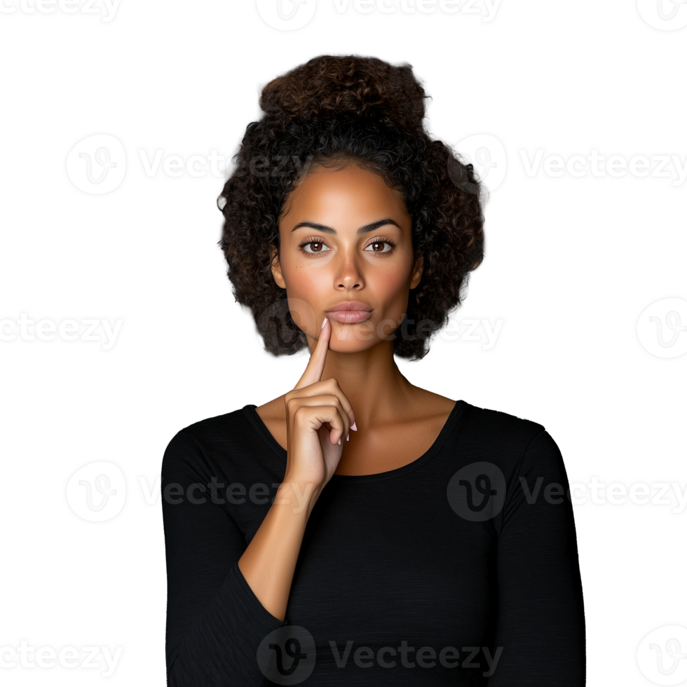 Thoughtful Woman with Curly Hair on Transparent Background png