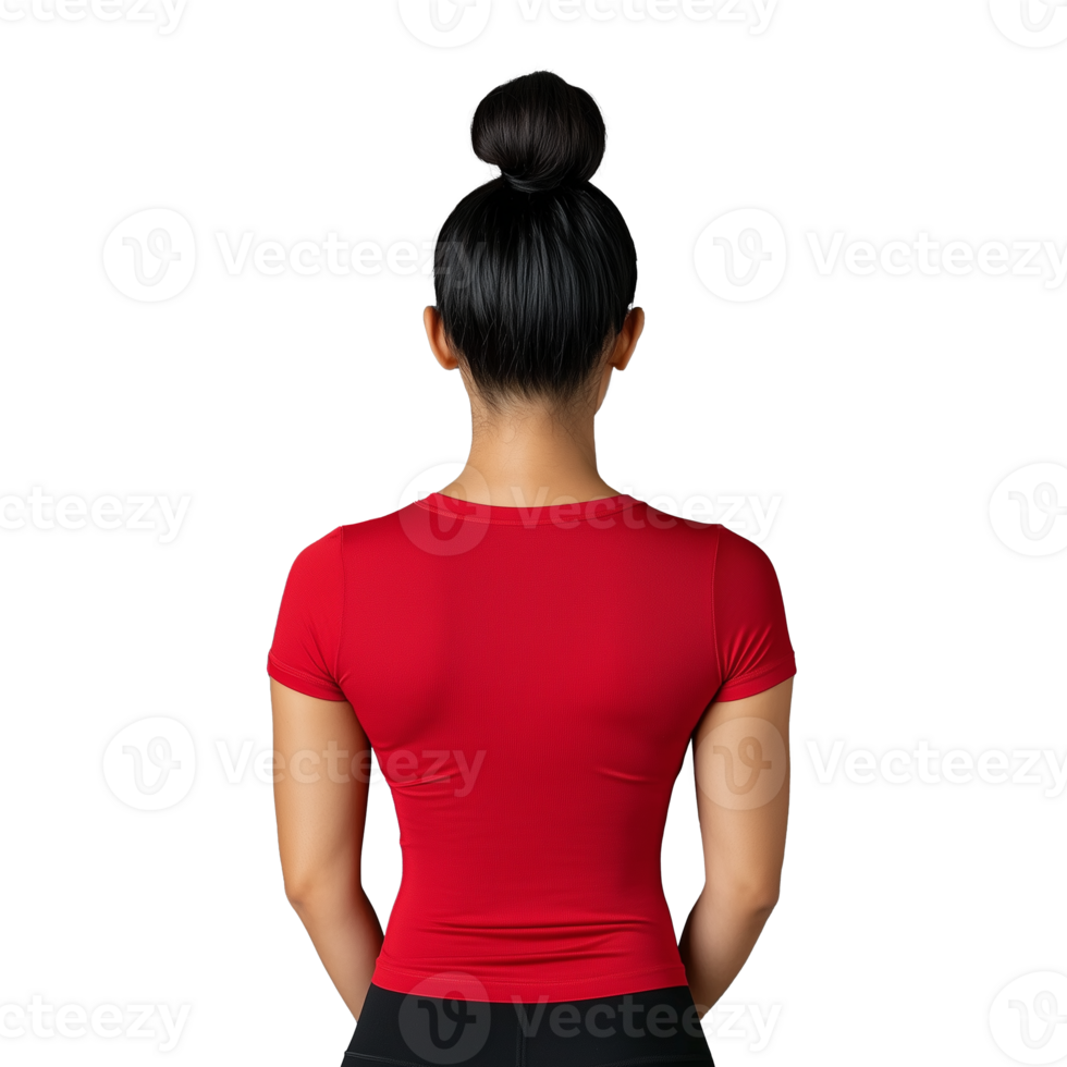 Woman in red fitted shirt with bun hairstyle on transparent background png
