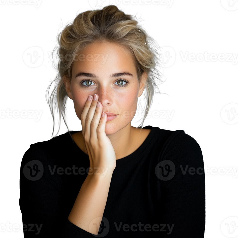 Woman with Thoughtful Expression and Hand on Face png