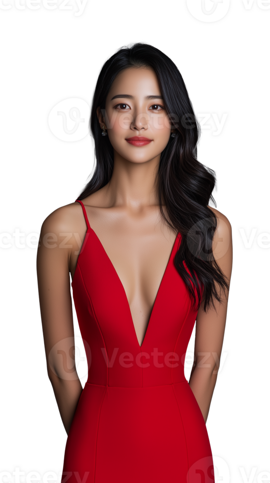 elegant kvinna i röd klänning med lång hår på transparent bakgrund png