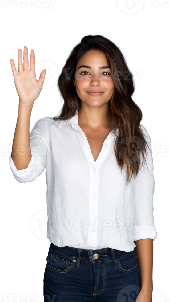 Friendly woman waving hand with smile on transparent background png