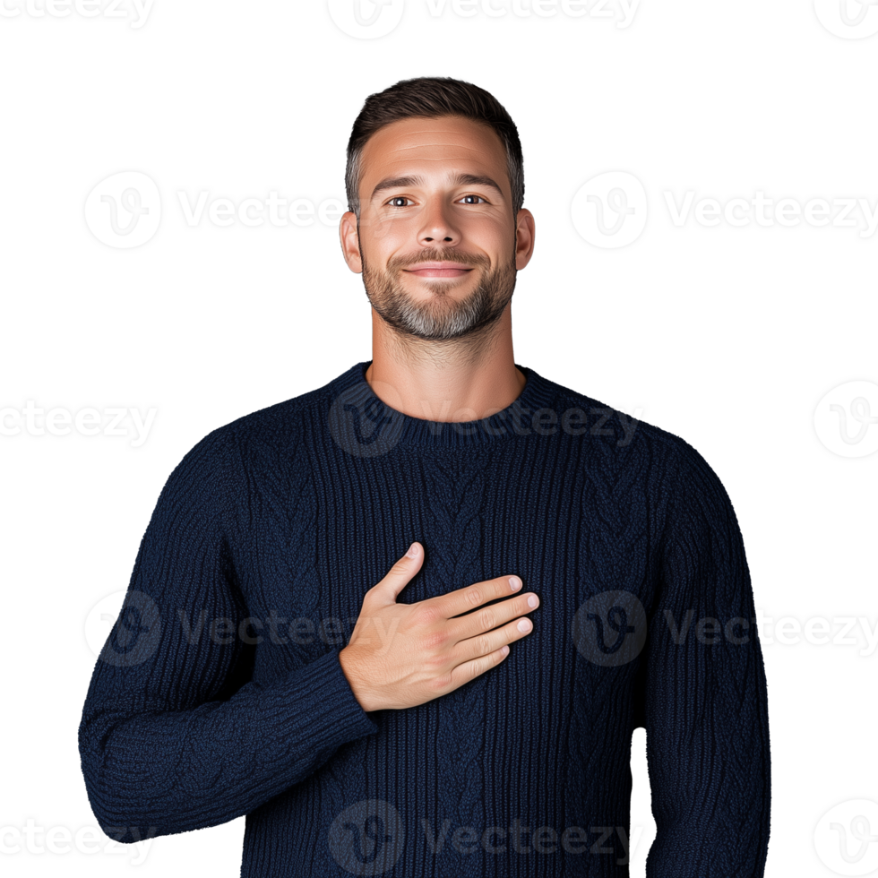 Confident man smiling with hand on heart on transparent background png