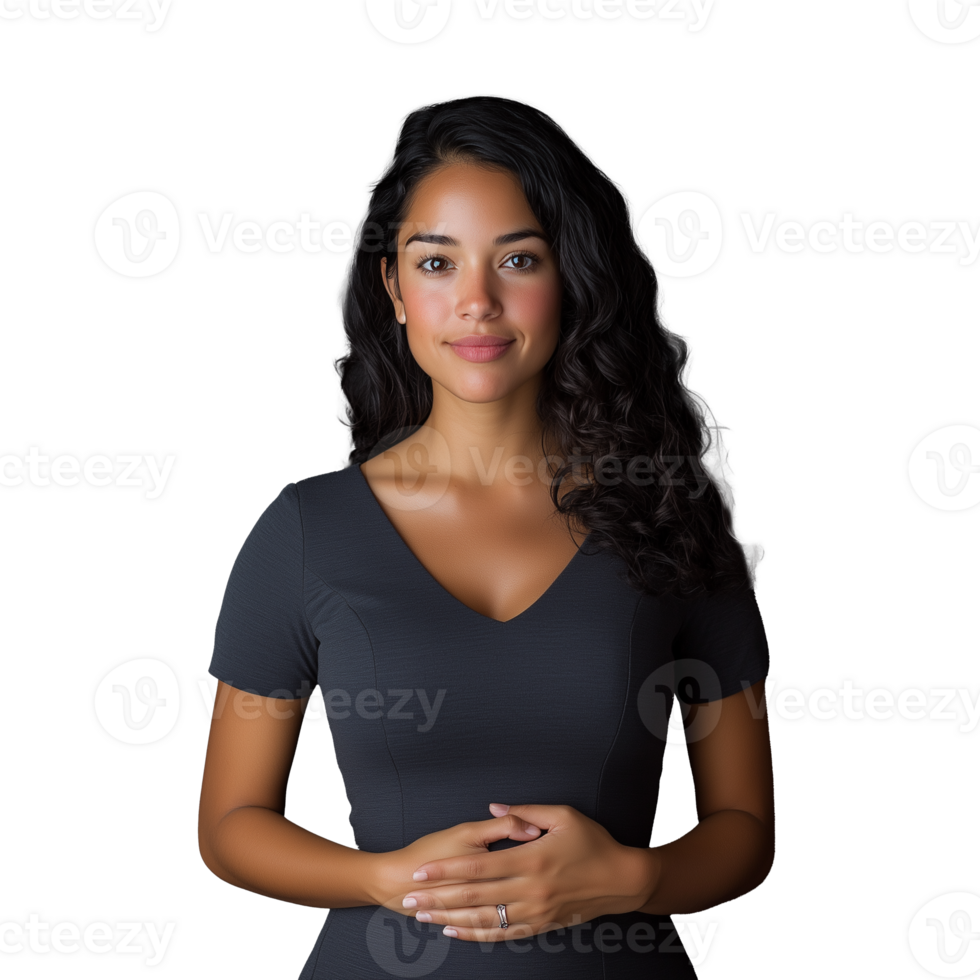 Confident young woman with curly hair smiling on transparent background png