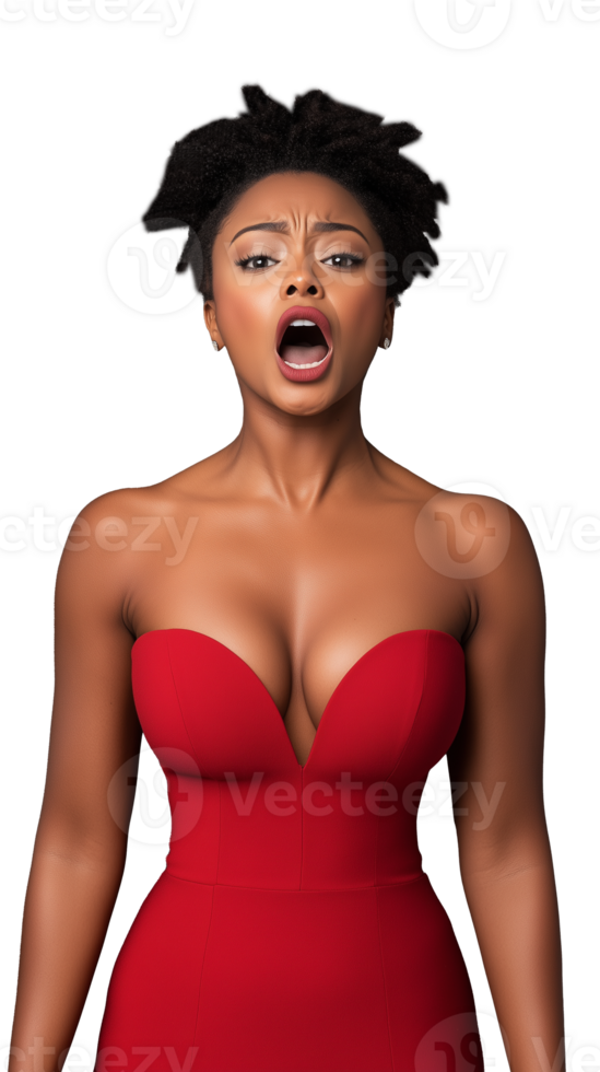 Woman in red dress expressing strong emotion on transparent background png