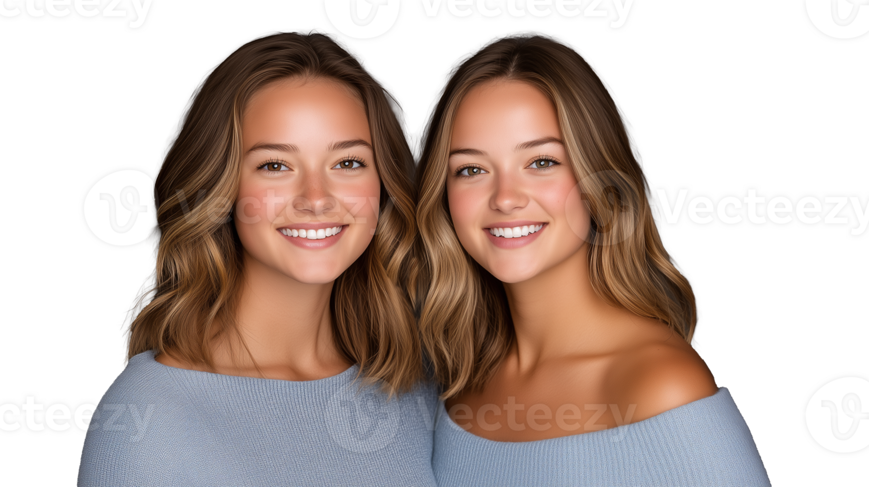 Smiling young women with wavy hair wearing blue sweaters on transparent background png