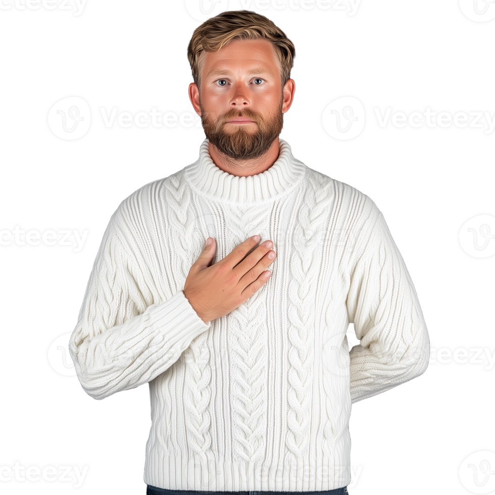 Man in white cable knit sweater with hand on heart on transparent background png