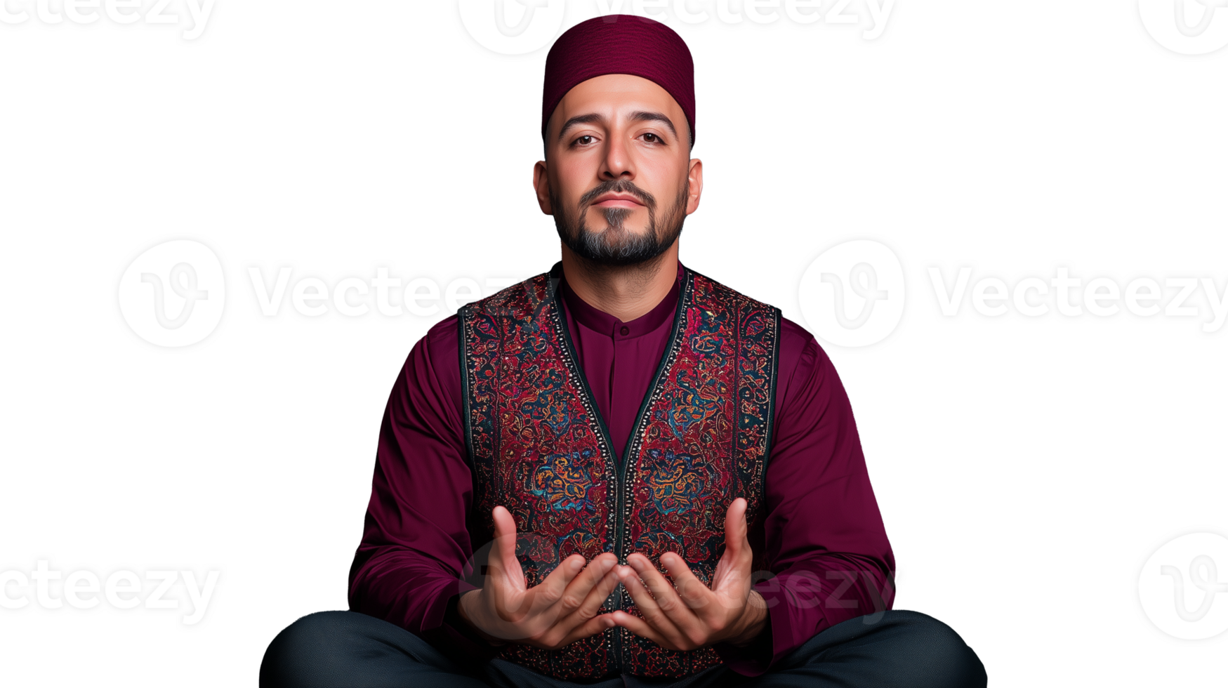 Man in traditional attire meditating with hands raised on transparent background png