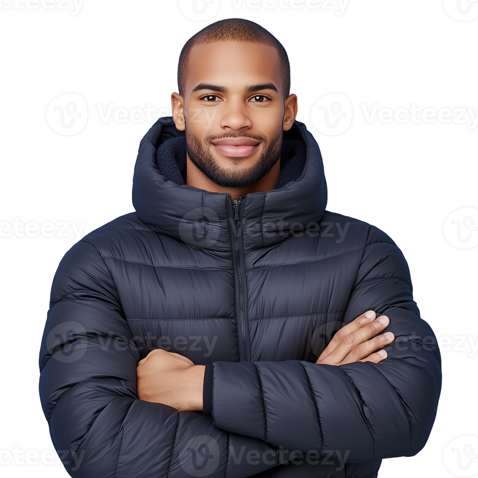 Confident man smiling in a puffer jacket with crossed arms on transparent background png
